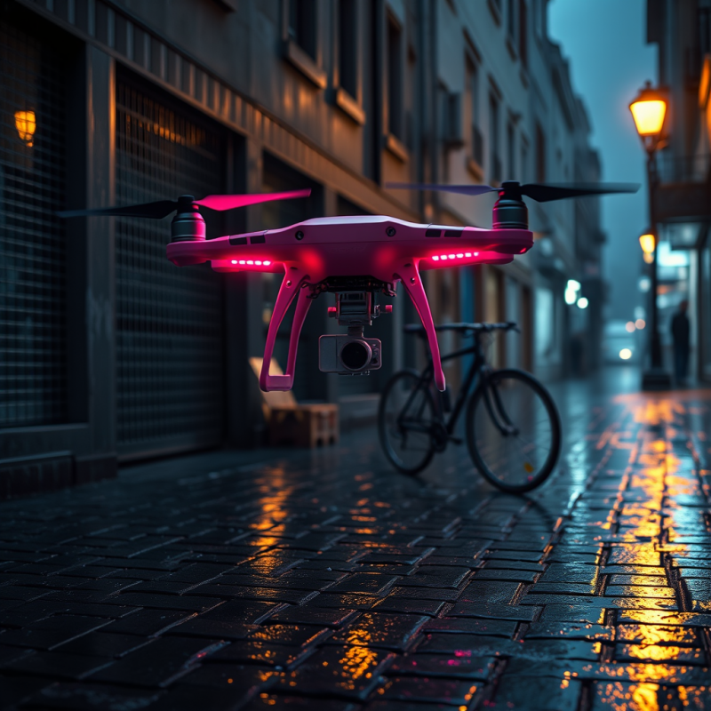 Neon-pink Autonomous Delivery Drone Hovers Over a Rain-...
