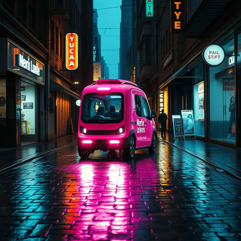 Neon-pink Autonomous Delivery Van Glides Silently Throu...