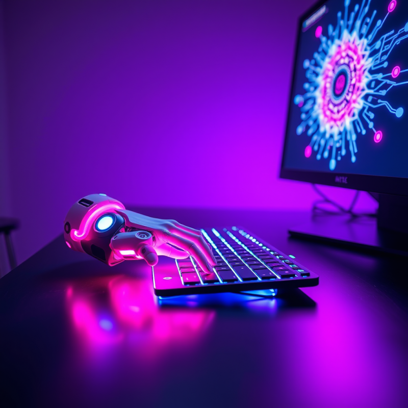 Neon-pink Cybernetic Arm Embedded in a Futuristic Wrist...