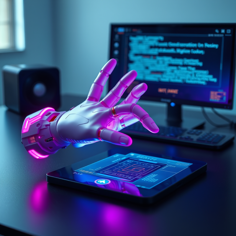 Neon-pink Cybernetic Hand Hovers Over a Translucent Hol...