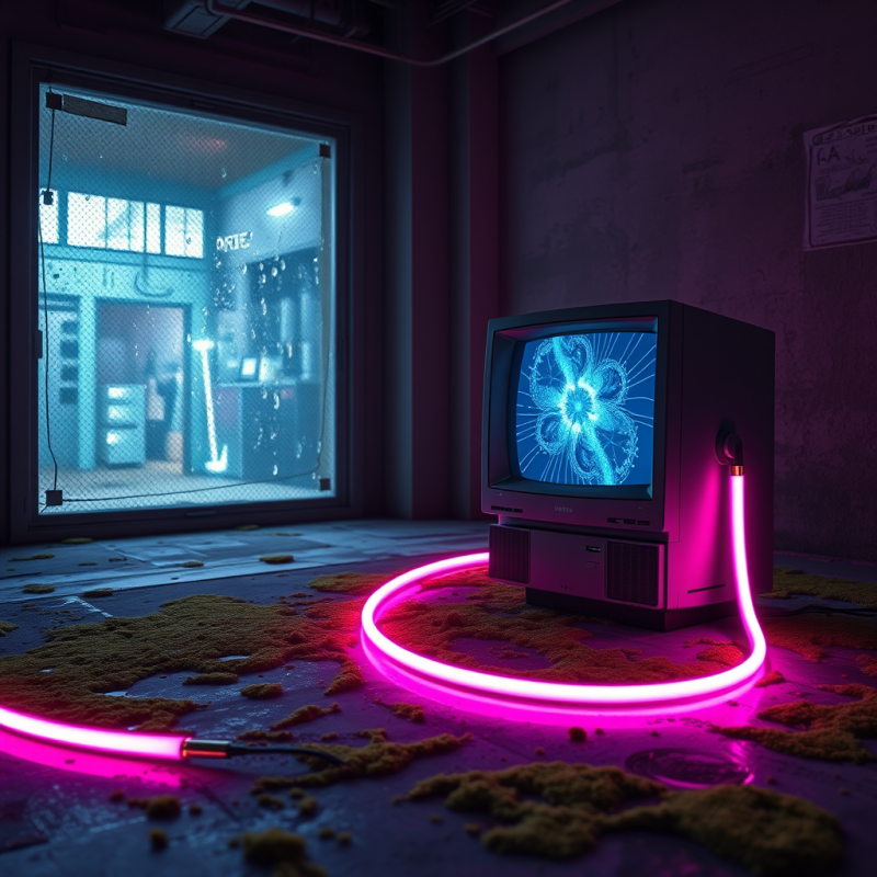 Neon-pink Fiber Optic Cable Snakes Across a Mossy Concr...