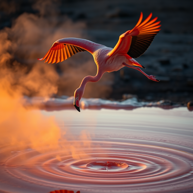 Neon-pink Flamingo Mid-flight Over a Geothermal Hot Spr...