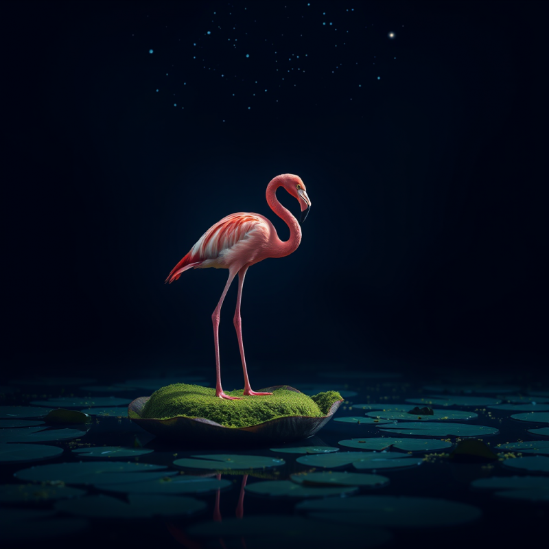 Neon-pink Flamingo Standing on One Leg Atop a Floating