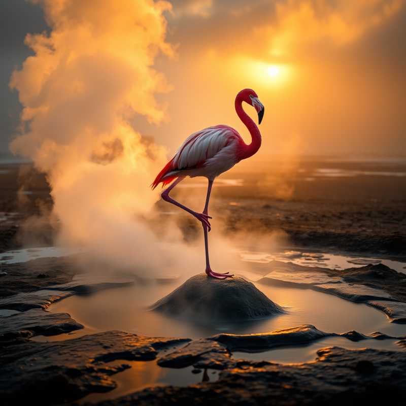 Neon-pink Flamingo Stands Poised on One Leg Atop a Geot...