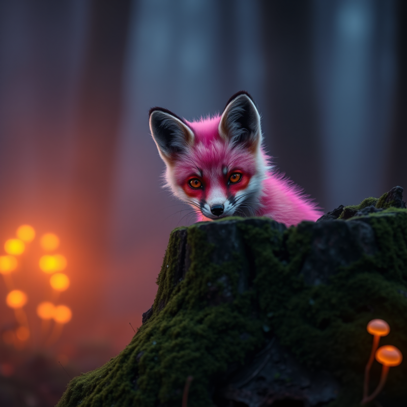 Neon-pink Fox Cub with Glowing Amber Eyes Peeks from Be...