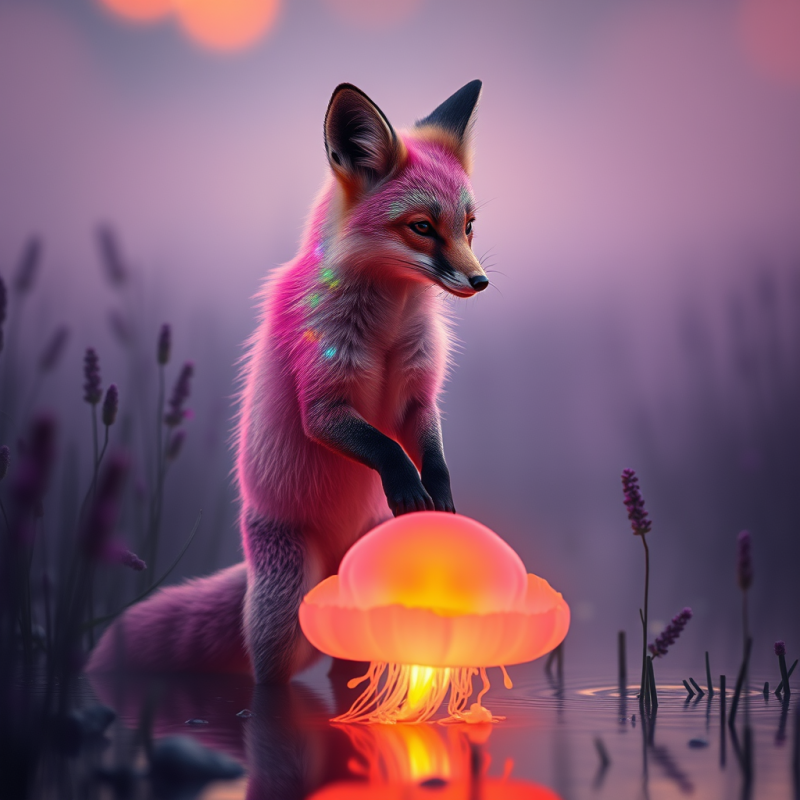 Neon-pink Fox with Iridescent Fur Stands on Its Hind Le...