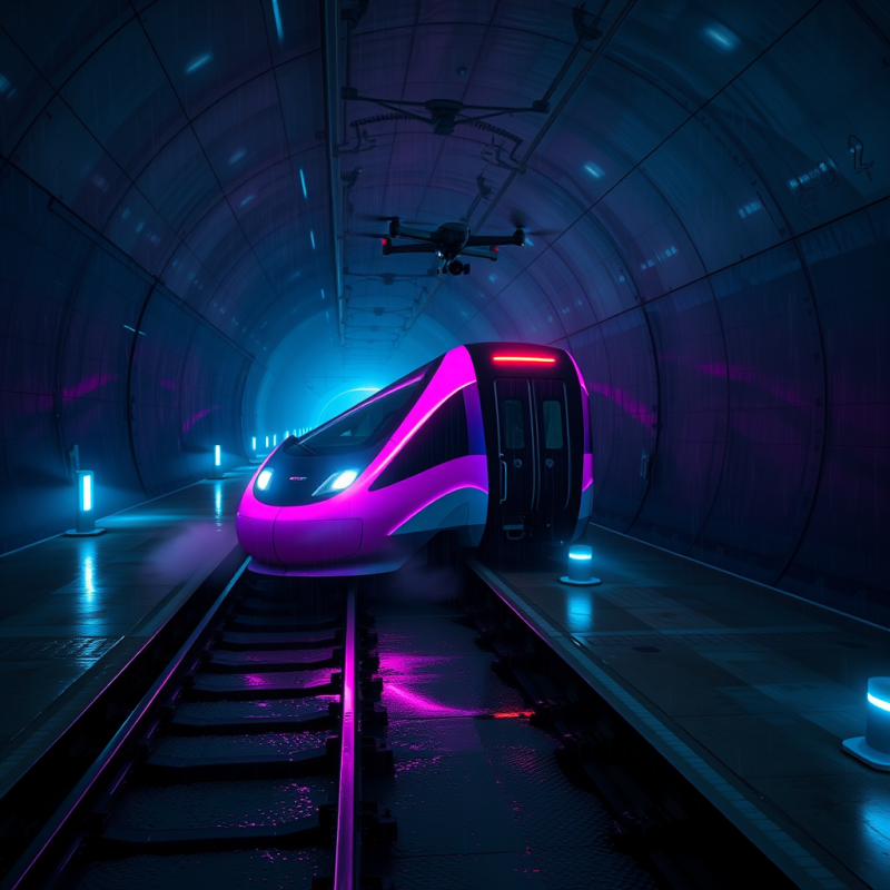 Neon-pink Maglev Train Glides Silently Through a Rain-s...