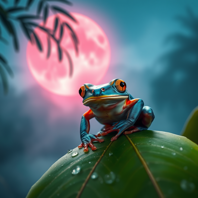 Neon-pink Moon Rises Behind a Misty Jungle Canopy