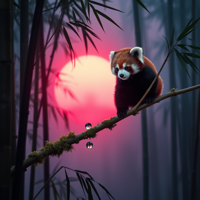 Neon-pink Sunset Glows Through a Misty Bamboo Grove as ...