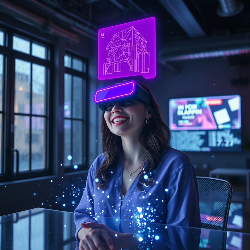 Neon-purple Ai Hologram Floats Above a Transparent Desk