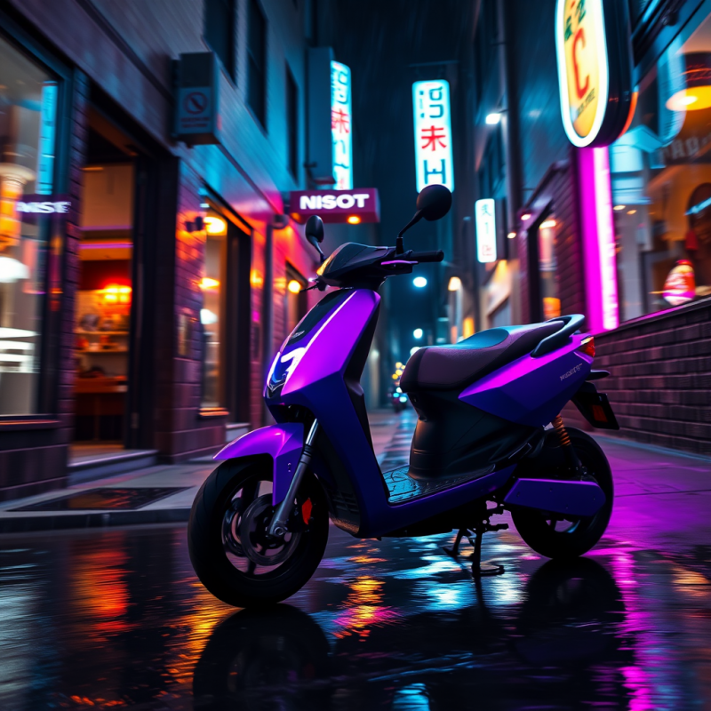 Neon-purple Electric Scooter Glides Along a Rain-slicke...