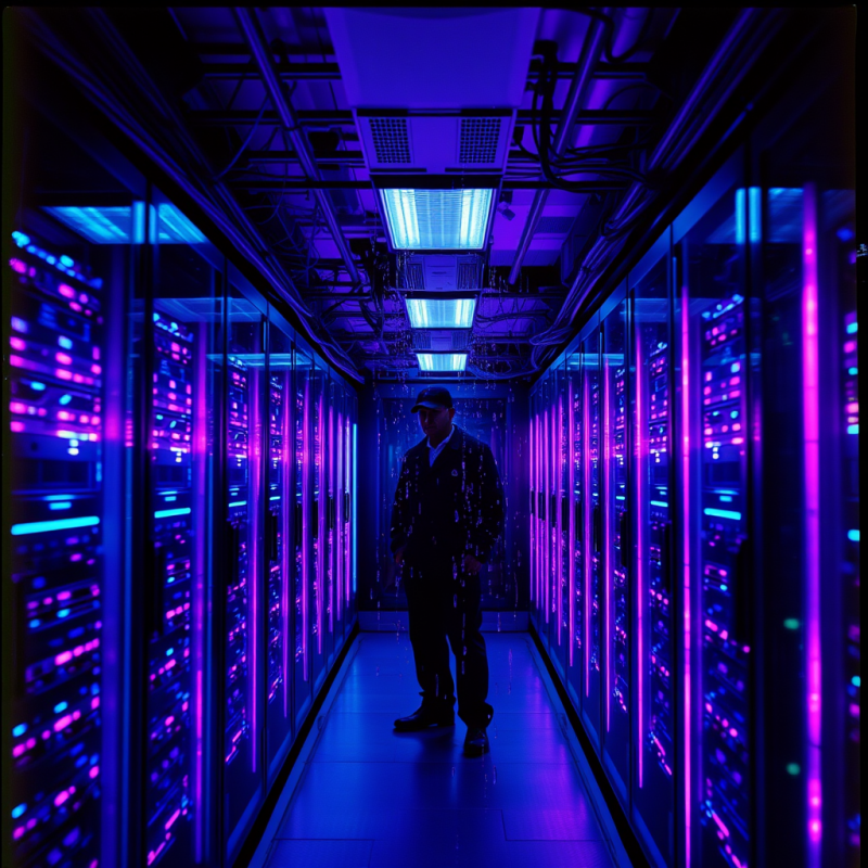 Neon-tinged Underground Data Center with Translucent Se...