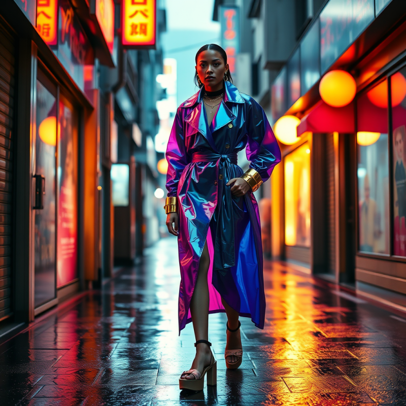 Non-binary Fashion Model Mid-stride Through a Neon-dren...