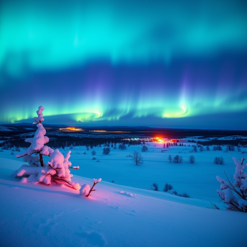 Northern Lights Aurora Dancing Over Snowy Landscape