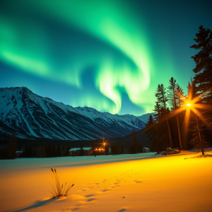 Northern Lights Aurora Dancing Over Snowy Landscape