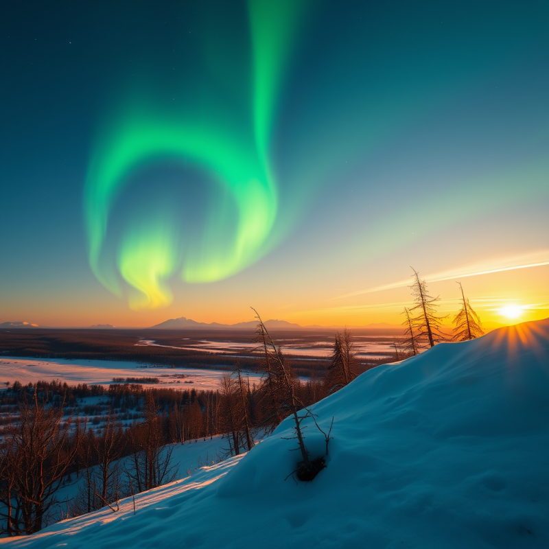 Northern Lights Aurora Dancing Over Snowy Landscape