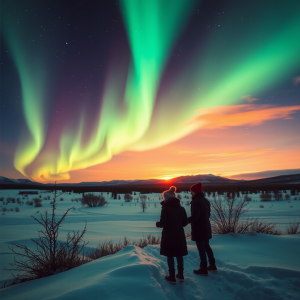Northern Lights Aurora Dancing Over Snowy Landscape