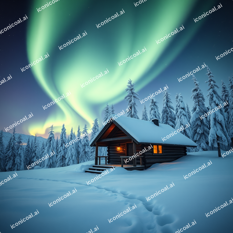 Northern Lights Cabin In Snow Winter Travel Magic