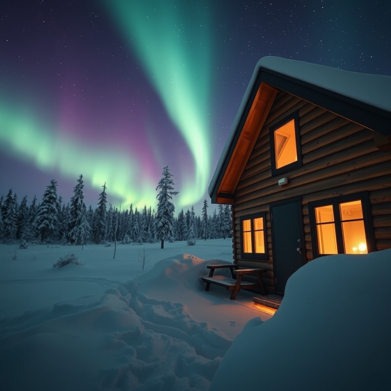 Northern Lights Cabin in Snow Winter Travel Magic