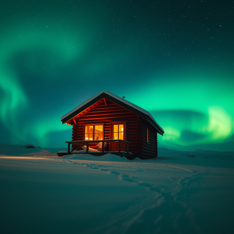 Northern Lights Cabin in Snow Winter Travel Magic
