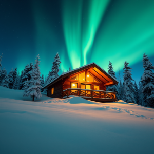 Northern Lights Cabin In Snow Winter Travel Magic