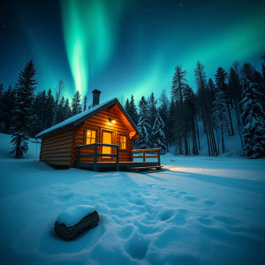 Northern Lights Cabin In Snow Winter Travel Magic