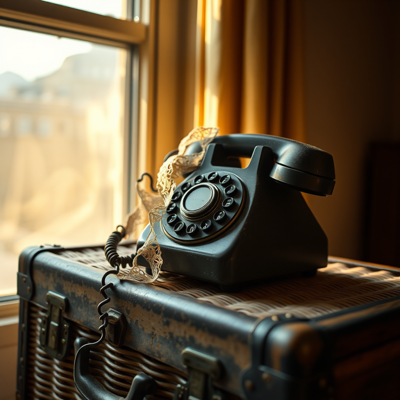 Nostalgic Black Rotary Phone Rests on a Rustic