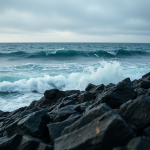 Ocean Waves Crashing On Rocky Shore Dramatic Seascape