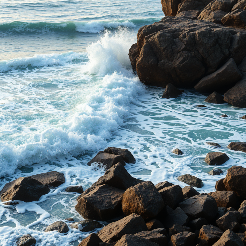 Ocean Waves Crashing on Rocky Shore Dramatic Seascape