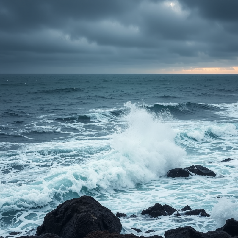 Ocean Waves Crashing on Rocky Shore Dramatic Seascape