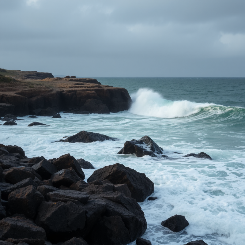 Ocean Waves Crashing on Rocky Shore Dramatic Seascape