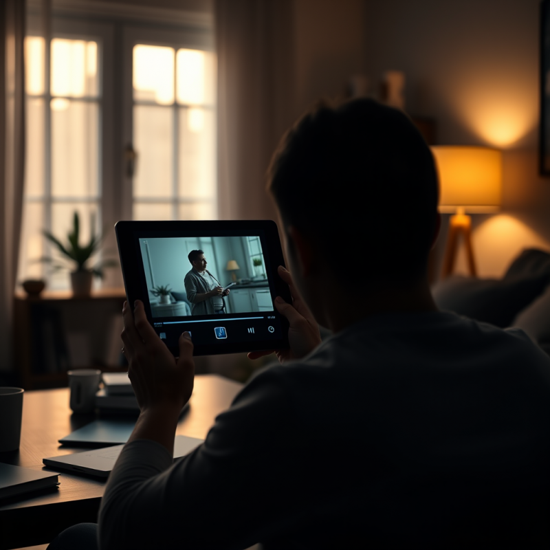 Online Learning Setup with Tablet Showing Video Lesson At...