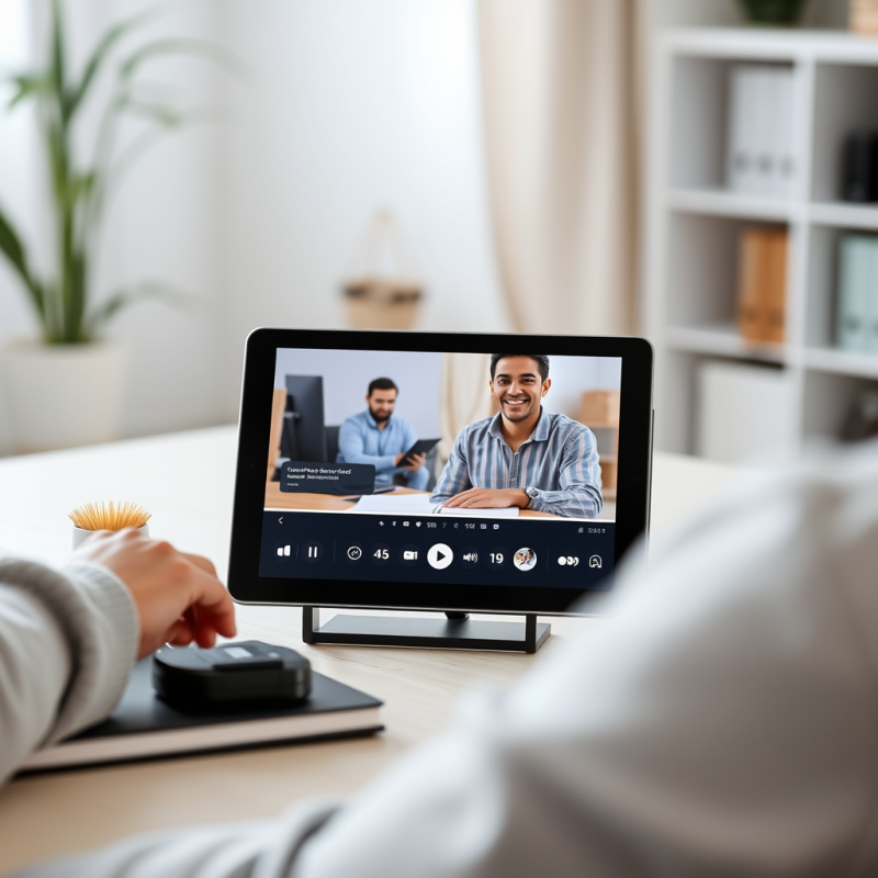 Online Learning Setup with Tablet Showing Video Lesson At...