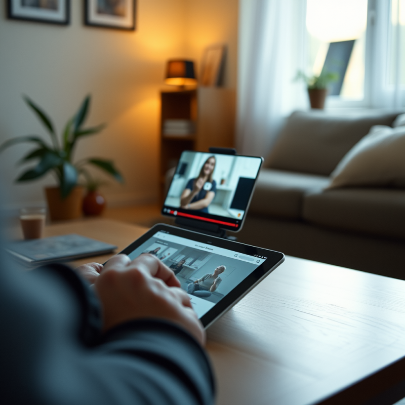 Online Learning Setup with Tablet Showing Video Lesson At...