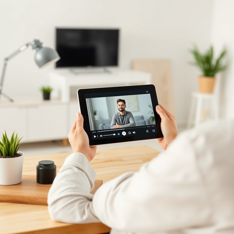 Online Learning Setup with Tablet Showing Video Lesson At...