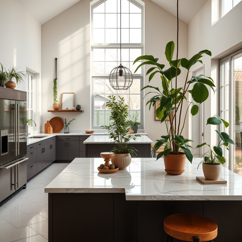 Open Concept Kitchen with Marble Counters and Indoor Plants