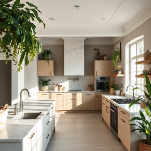 Open Concept Kitchen With Marble Counters And Indoor Plants