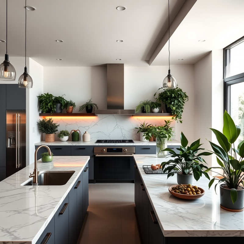 Open Concept Kitchen with Marble Counters and Indoor Plants