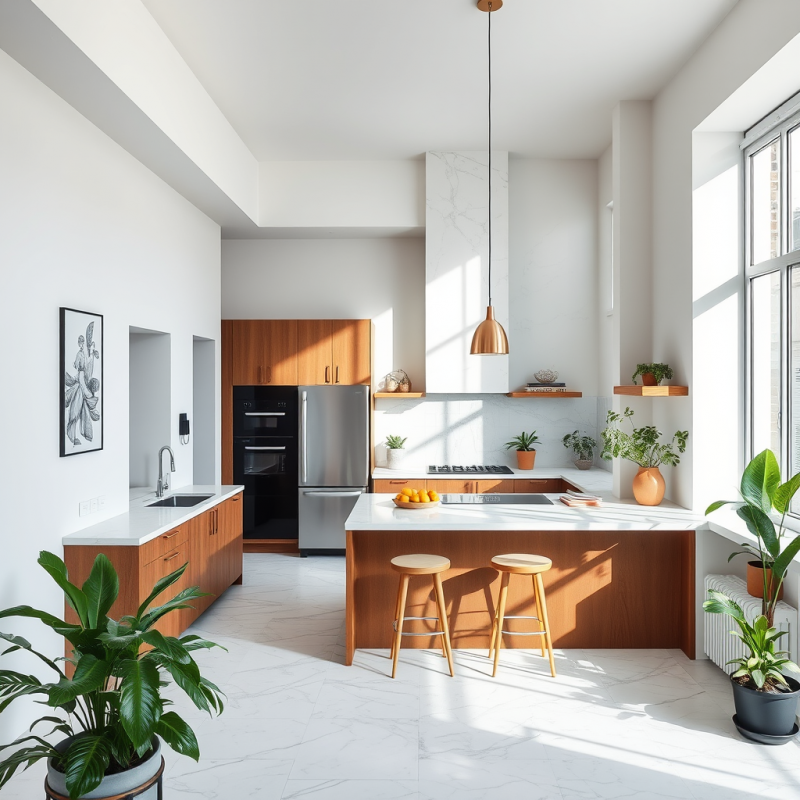 Open Concept Kitchen with Marble Counters and Indoor Plants