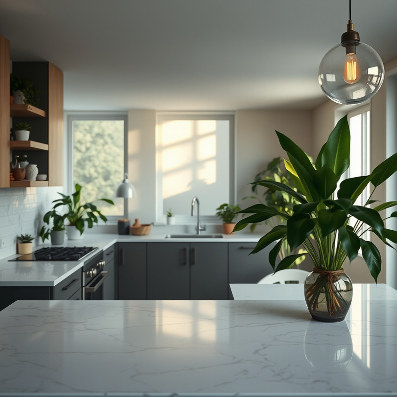 Open Concept Kitchen with Marble Counters and Indoor Plants