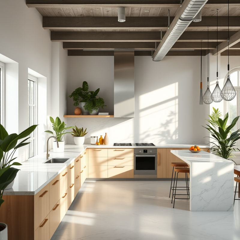 Open Concept Kitchen with Marble Counters and Indoor Plants