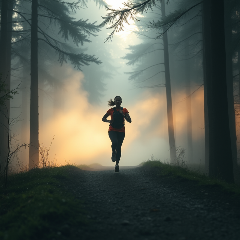 Outdoor Running on Trail Through Forest Active Lifestyle