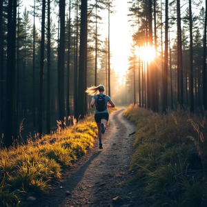 Outdoor Running On Trail Through Forest Active Lifestyle