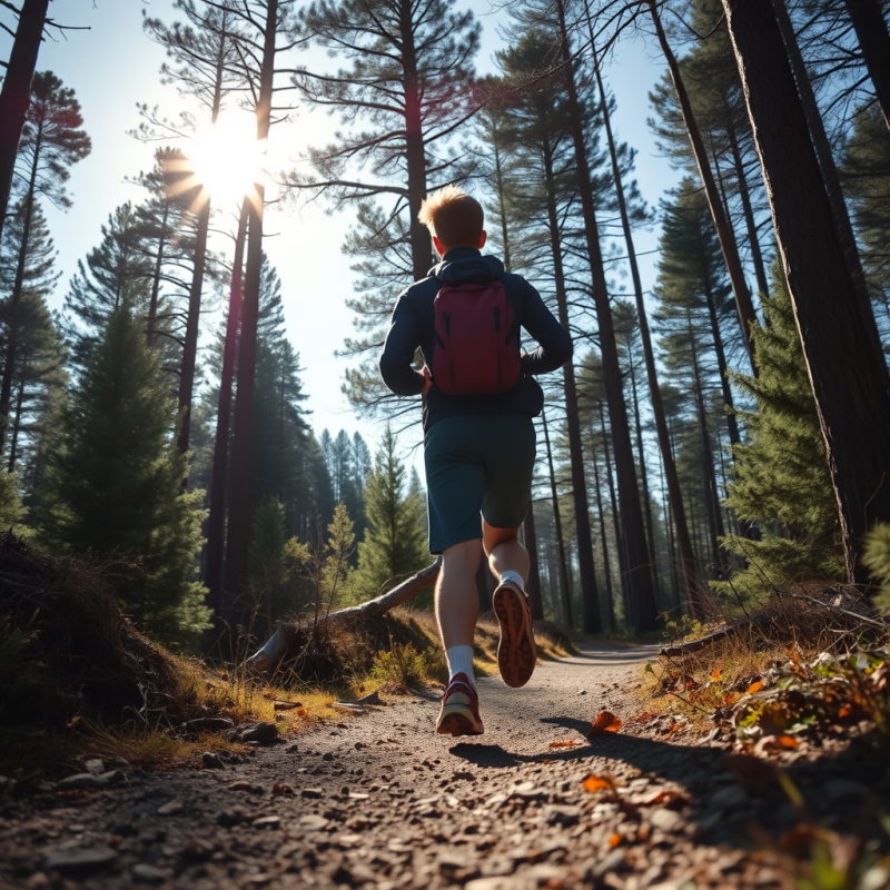 Outdoor Running on Trail Through Forest Active Lifestyle
