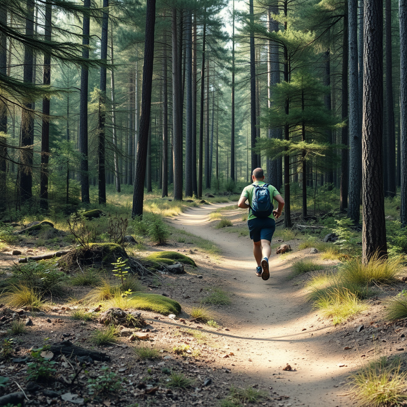 Outdoor Running on Trail Through Forest Active Lifestyle