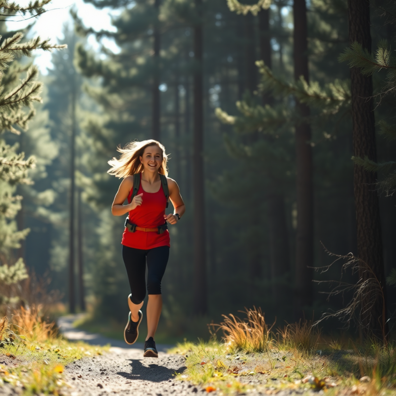 Outdoor Running on Trail Through Forest Active Lifestyle