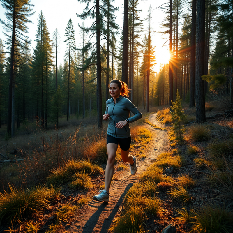 Outdoor Running on Trail Through Forest Active Lifestyle