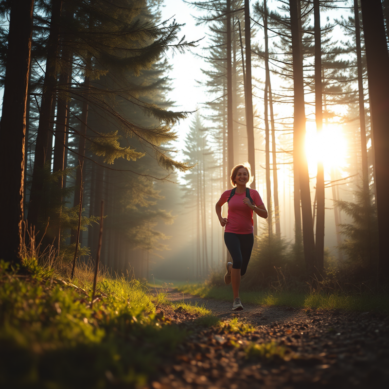 Outdoor Running on Trail Through Forest Active Lifestyle