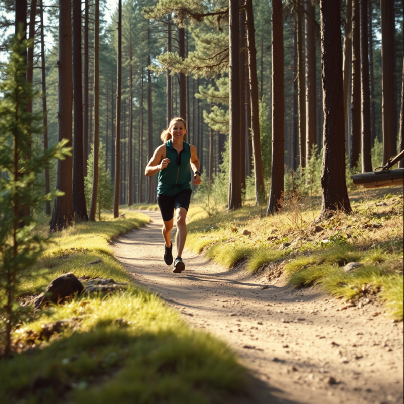 Outdoor Running on Trail Through Forest Active Lifestyle