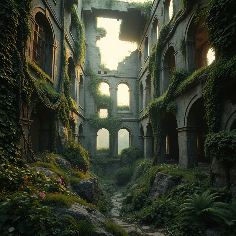 Overgrown Gothic Courtyard with Sunlight